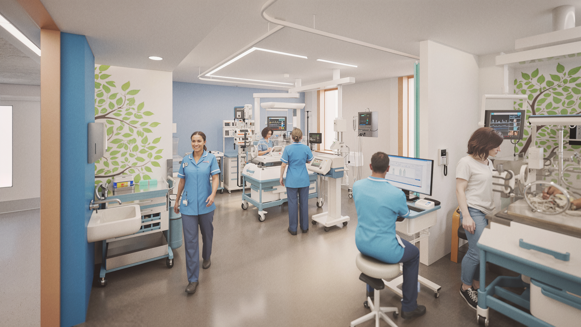 Computer generated image of the critical care unit in the Children’s Cancer Centre. Details subject to change.