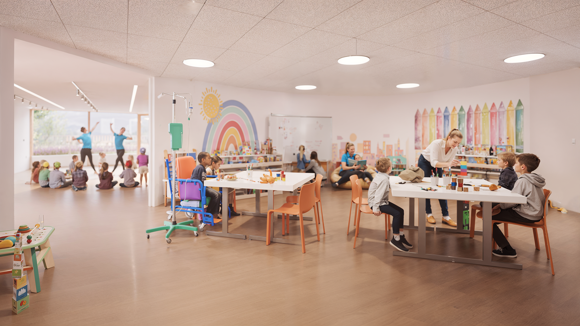 Computer generated image of the performance and community spaces for hospital and school activities in the Children’s Cancer Centre. Details subject to change.